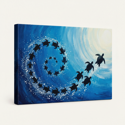 Gallery-wrapped canvas of sea turtle ocean wave artwork with cobalt blue side wrap detail on off-white background