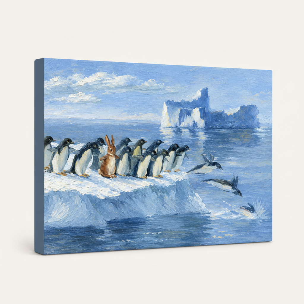 Gallery-wrapped penguin iceberg canvas showing thick impasto texture and wrapped edge
