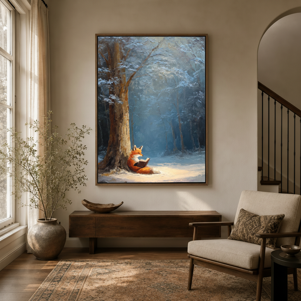 Fox reading winter forest canvas in float frame above dark walnut entryway credenza, warm natural light