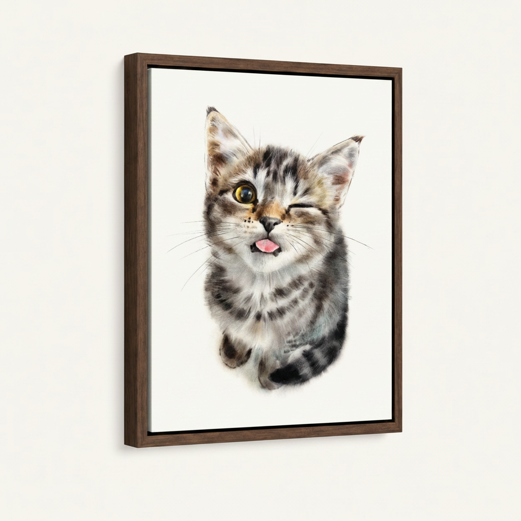 Framed cute kitten watercolor canvas print with dark walnut floating frame product view