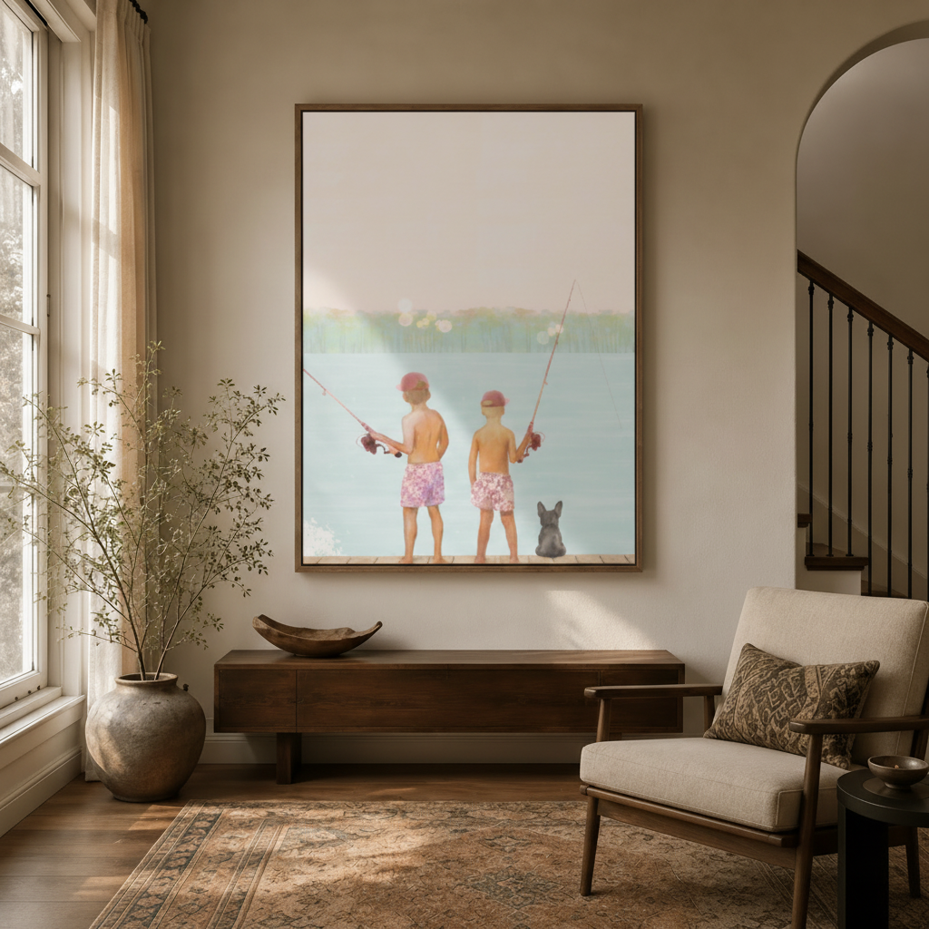 Boys fishing dog nostalgia watercolor canvas in float frame above dark walnut entryway credenza, soft pastel tones