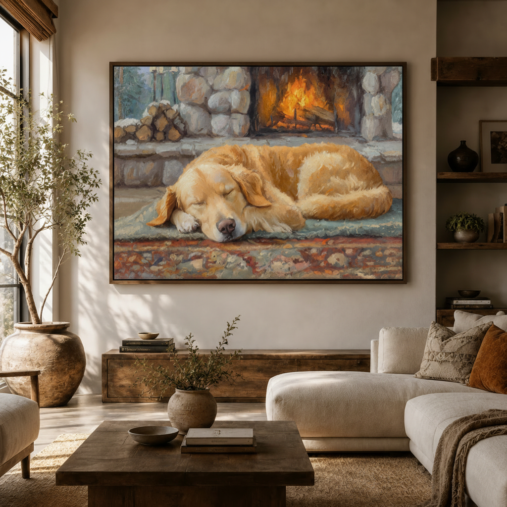 Golden retriever by fireplace canvas wall art above console in bright living room 