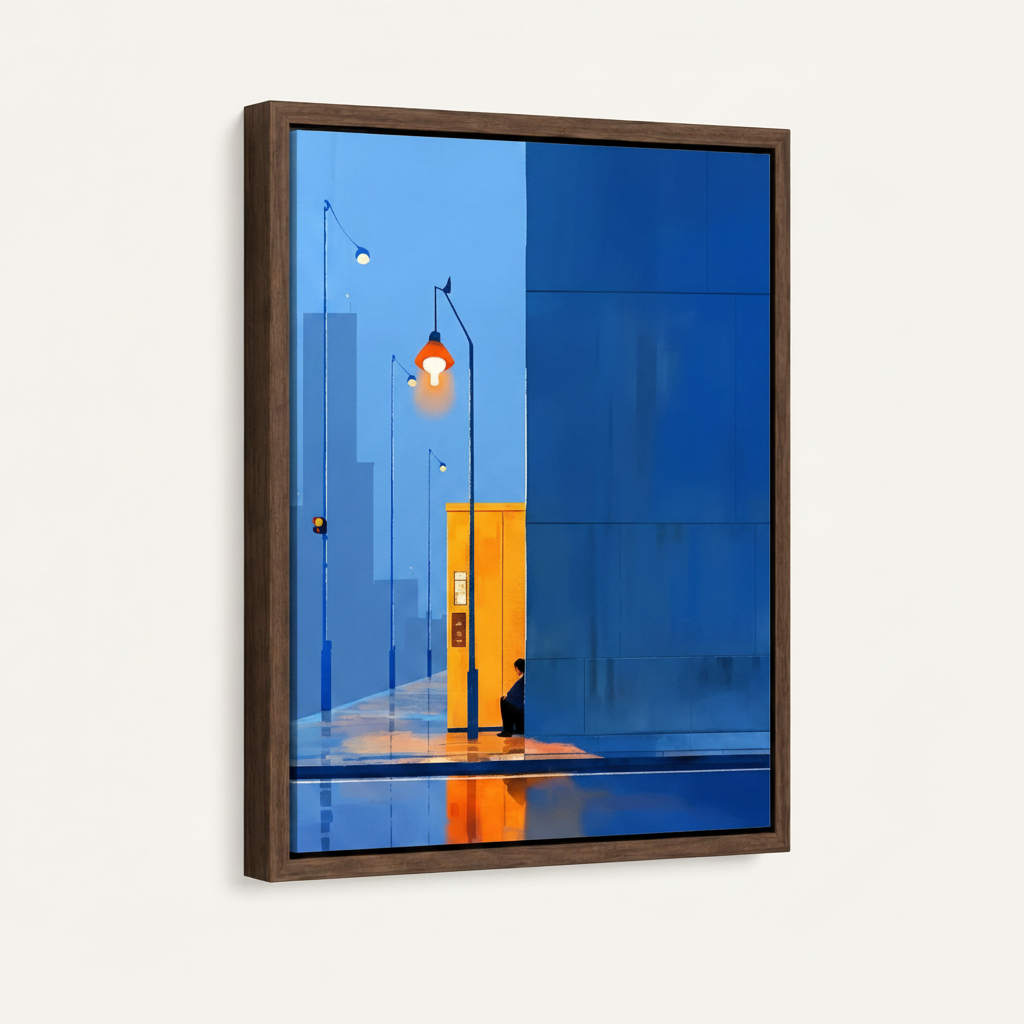 Framed cobalt blue city night canvas print with dark walnut floating frame product view