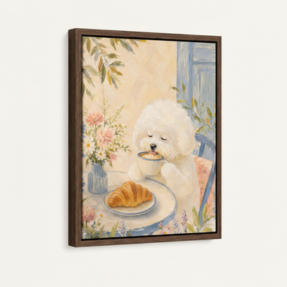 Framed canvas angled view of Bichon Frise sipping latte with croissant and pink florals, warm cream tones