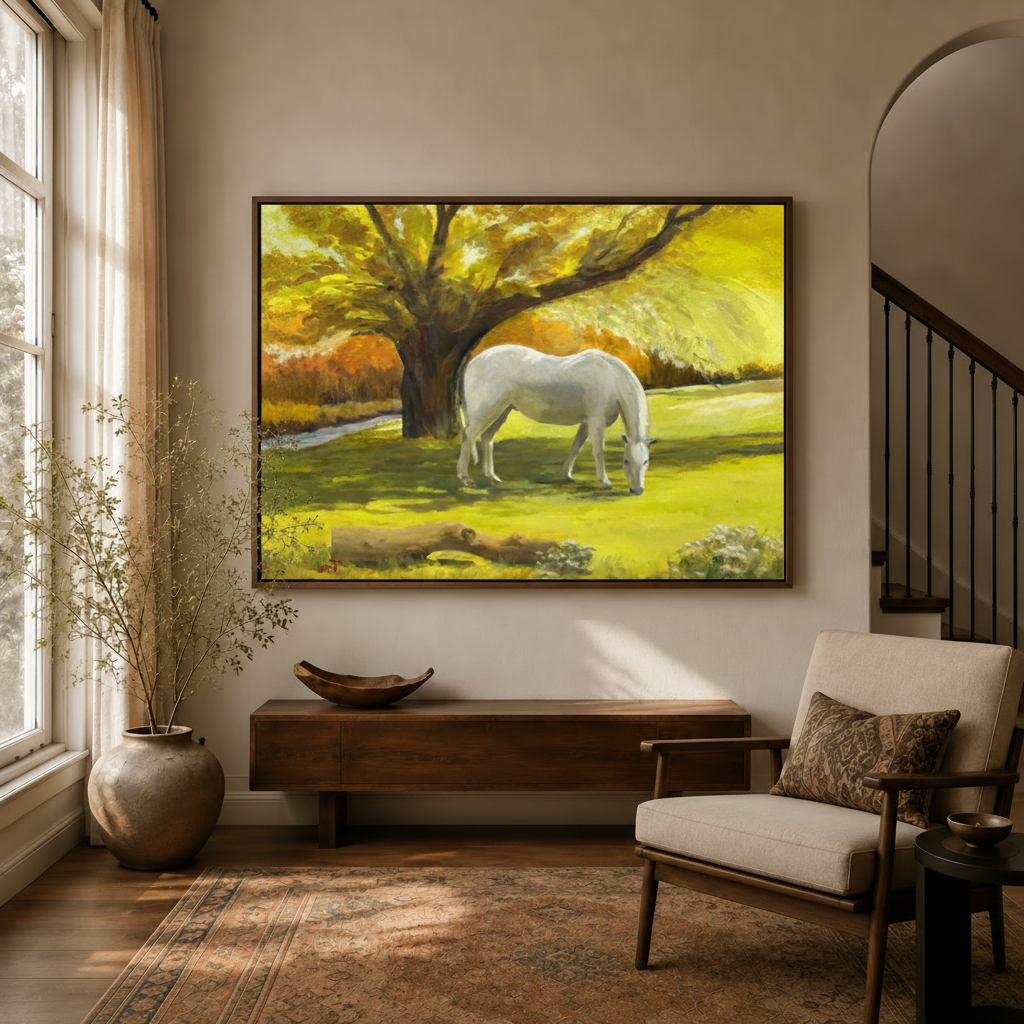 Framed white horse autumn meadow landscape canvas wall art in bright entryway with staircase and armchair