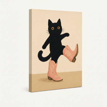 Gallery-wrapped cowboy cat canvas with pink boots shown at angle highlighting thick wrapped edges
