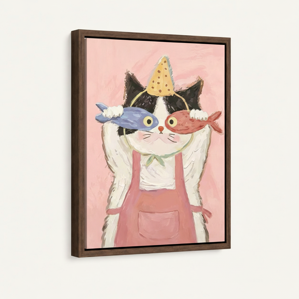 Whimsical cat canvas wall art in dark walnut floater frame displayed at angle on off-white background