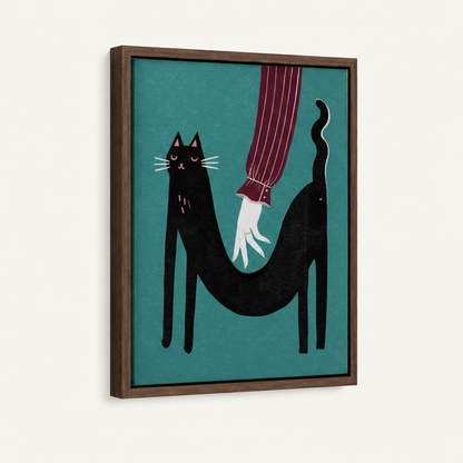 Framed funny cat shark vintage collage canvas shown at 3/4 angle with dark walnut float frame on cream background