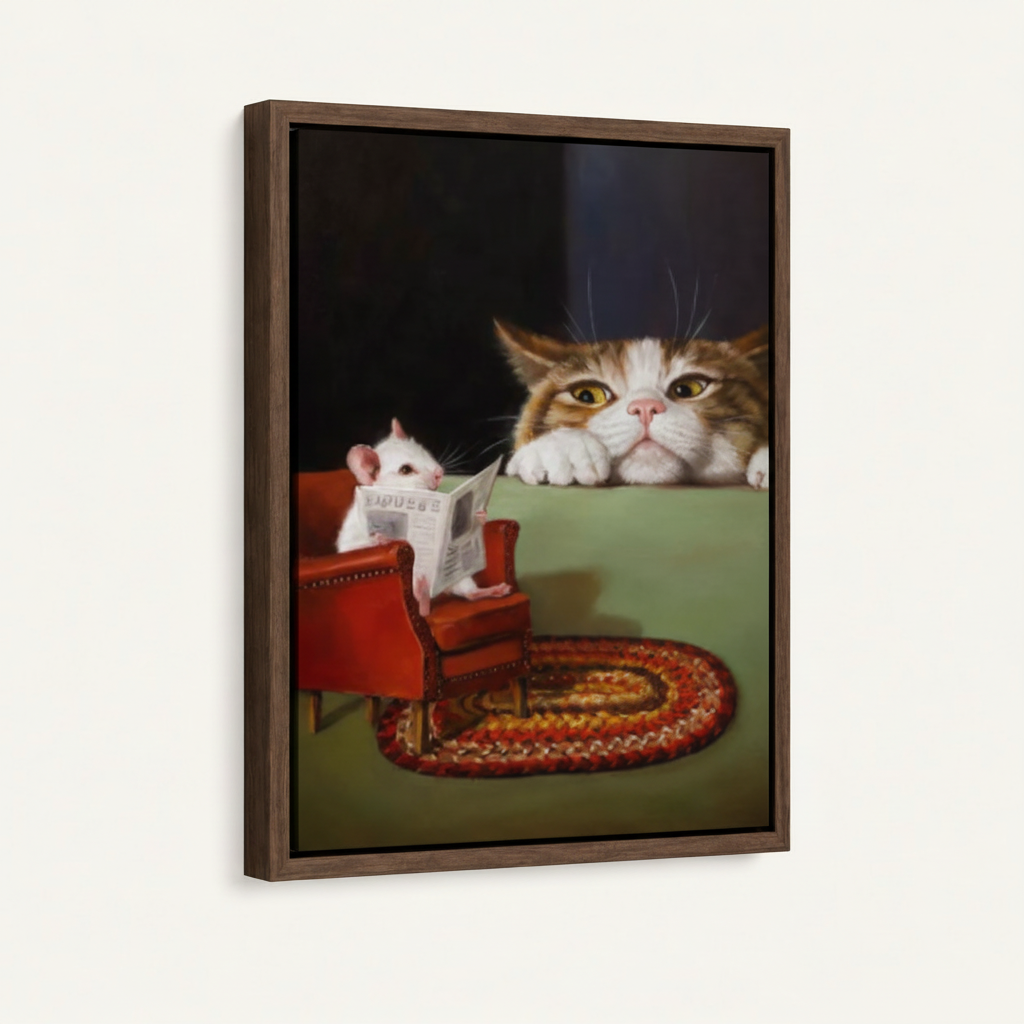 Dark walnut float frame canvas print of humorous cat and mouse oil painting, product view