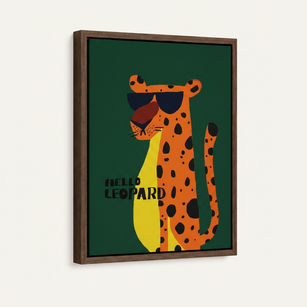 Framed cool leopard graphic canvas art in dark walnut float frame shown in three-quarter product view