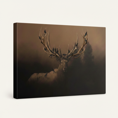 Gallery-wrapped canvas side view of dark stag wildlife wall art with warm brown tones and deep shadow detail