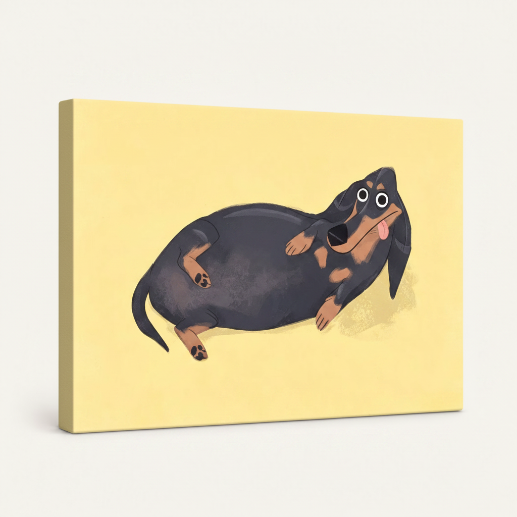 Gallery-wrapped dachshund canvas print showing thick edge wrap at 45-degree angle on white background