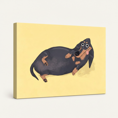 Gallery-wrapped dachshund canvas print showing thick edge wrap at 45-degree angle on white background