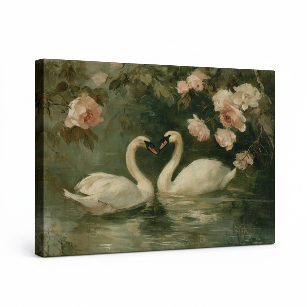 Swan pair rose garden gallery-wrapped canvas print, frameless angled view showing dark painted edges on white background