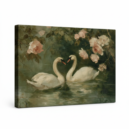 Swan pair rose garden gallery-wrapped canvas print, frameless angled view showing dark painted edges on white background
