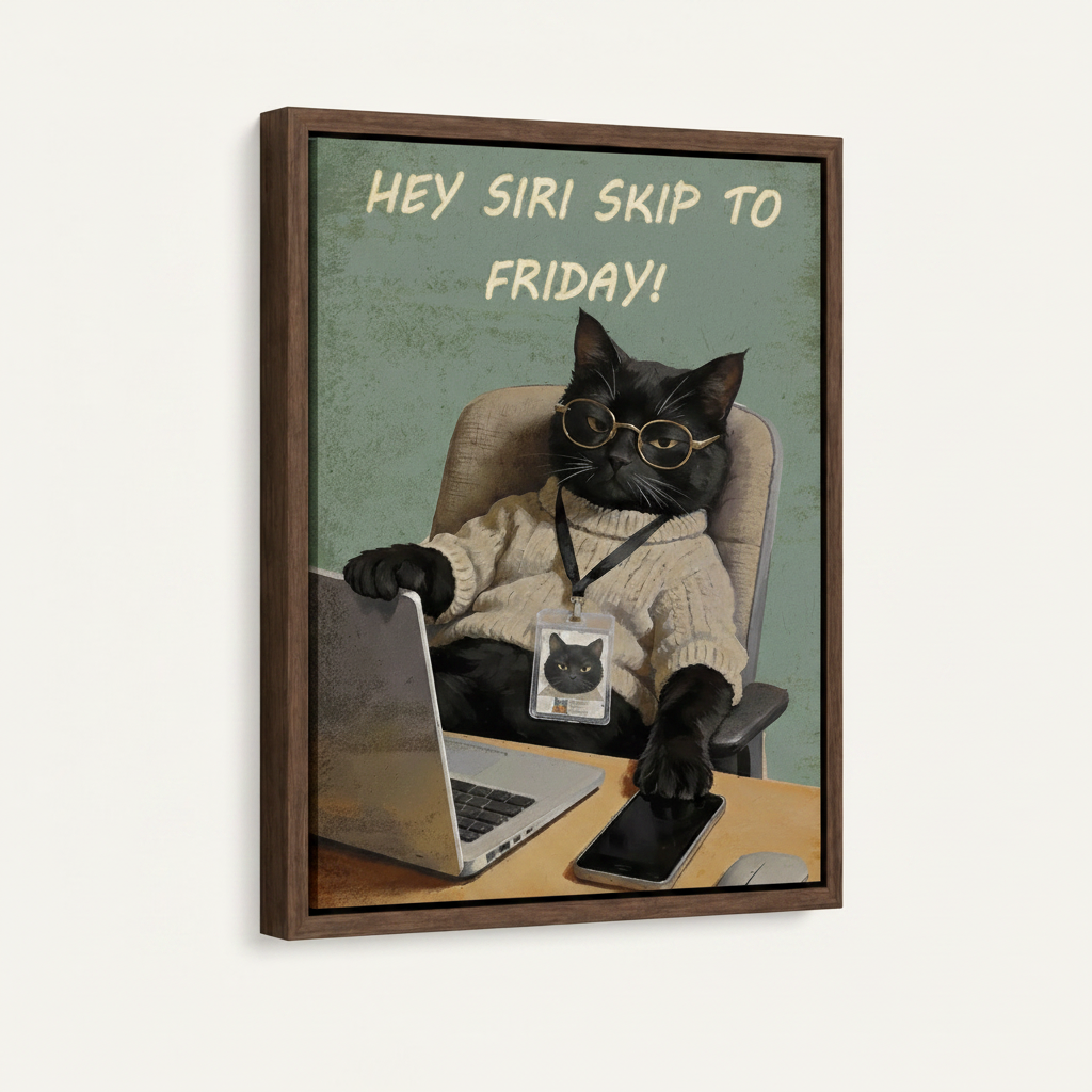  Framed funny black cat canvas print front view, Hey Siri Skip to Friday humorous art