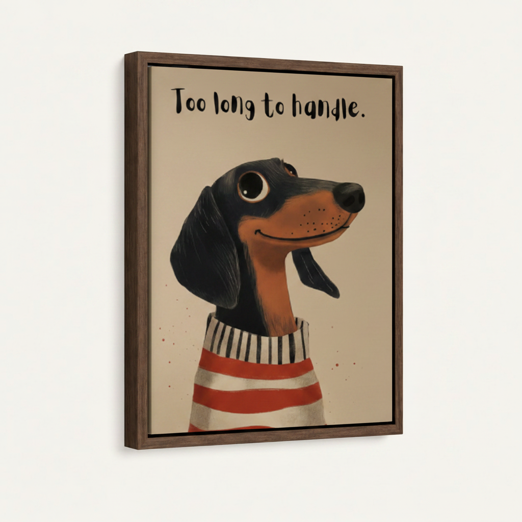 Framed dachshund wall art canvas with walnut float frame on off-white background, portrait view