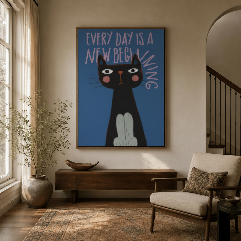 Whimsical black cat inspirational quote canvas in light wood float frame above dark walnut entryway credenza