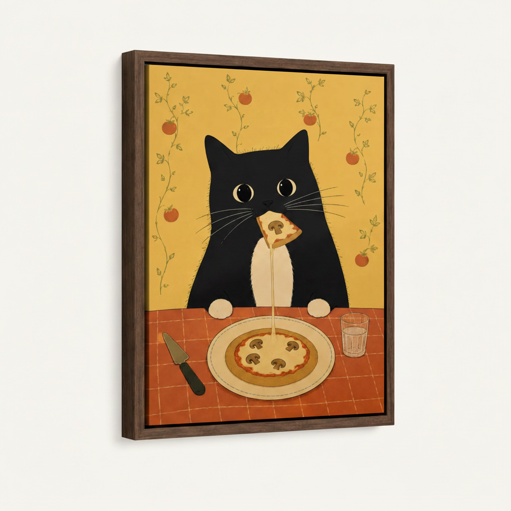 Tuxedo cat pizza lover wall art in dark walnut float frame on white background