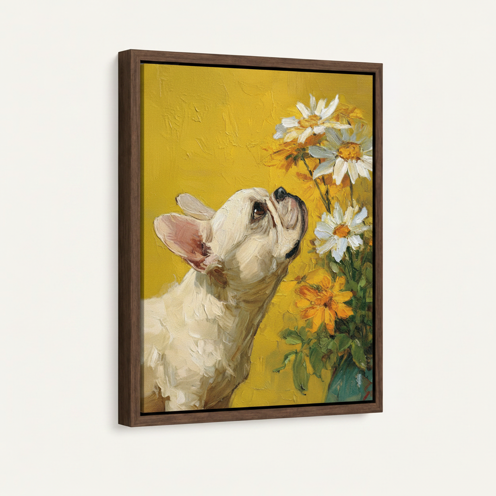 Framed French Bulldog daisy canvas art with walnut floating frame displayed on white background front-facing view