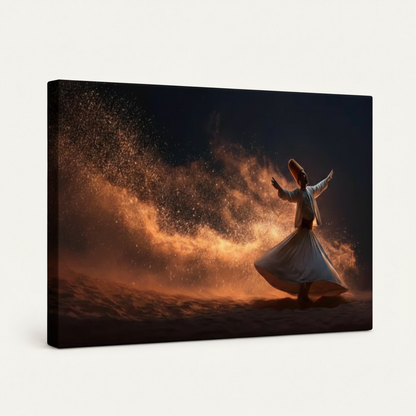 Gallery-wrapped canvas of Sufi dervish fire dance artwork with side wrap detail visible on off-white background