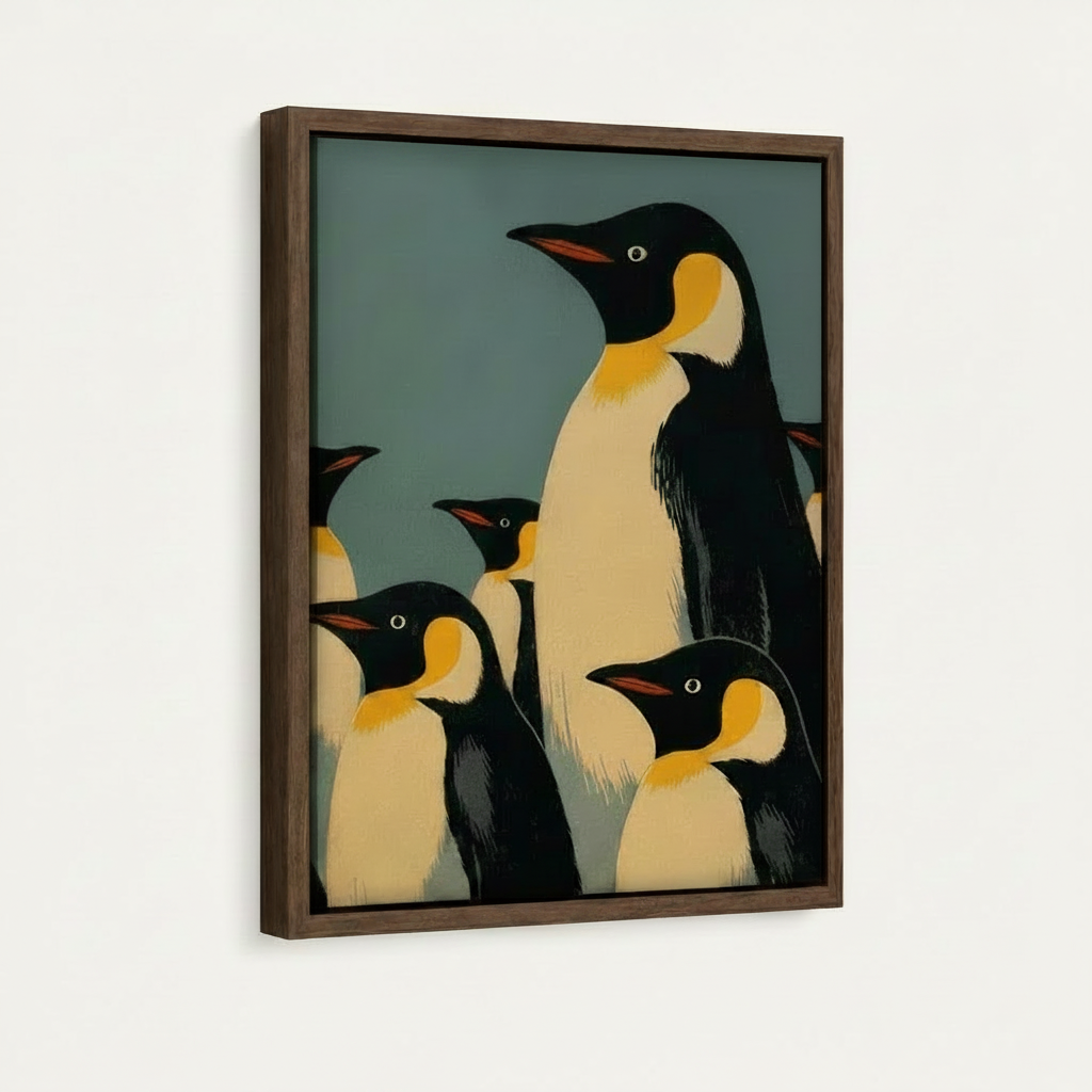 Emperor penguin vintage art canvas in dark walnut float frame product mockup