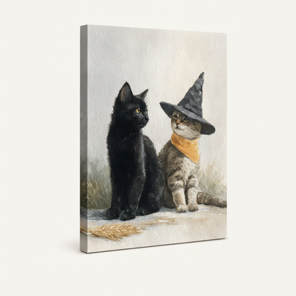 Gallery-wrapped witch cat watercolor canvas showing side depth, frameless whimsical wall art view