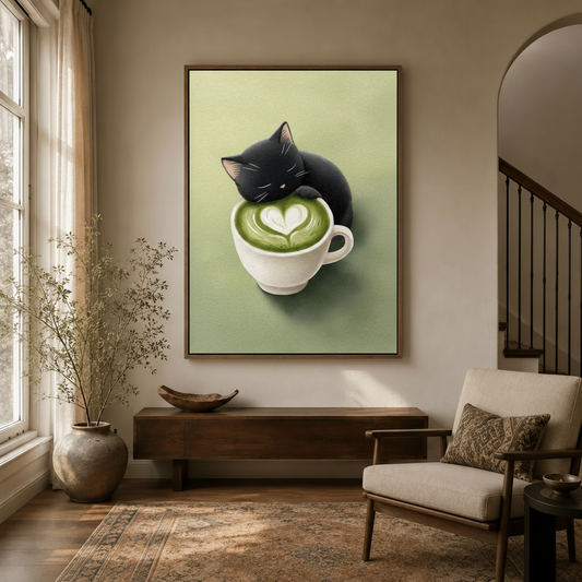 Cute black cat matcha canvas wall art displayed in elegant entryway with dark wood console