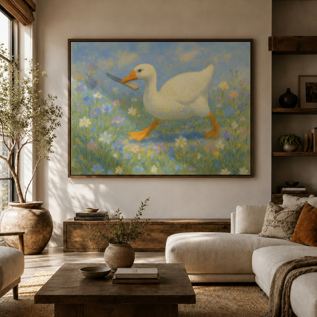 Whimsical duck with knife impressionist canvas art hanging in warm entryway beside staircase and linen armchair