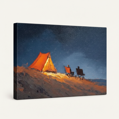 Gallery-wrapped canvas wall art with a glowing orange tent and figures gazing at a night sky