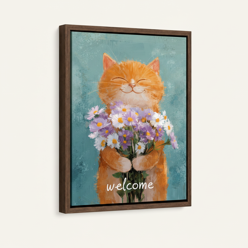  Framed cat floral canvas art shown at angle against white background with dark walnut float frame