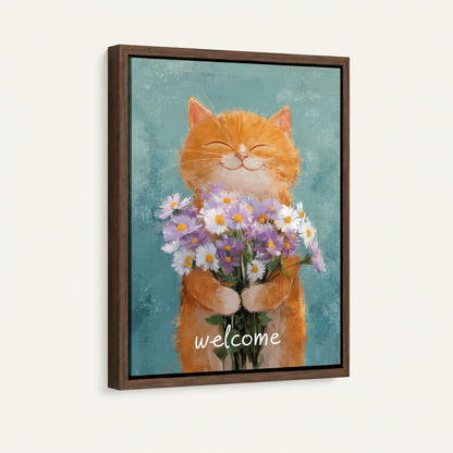  Framed cat floral canvas art shown at angle against white background with dark walnut float frame