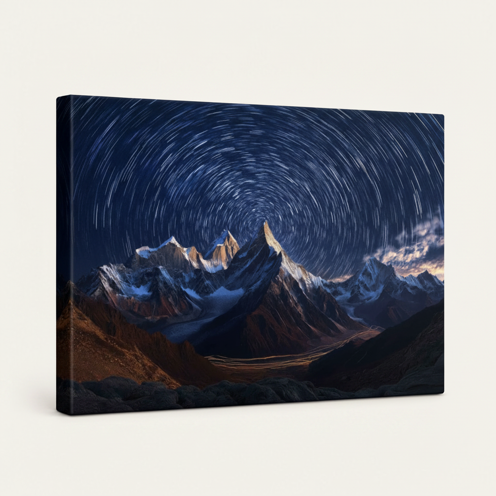 Gallery-wrapped canvas of star trail mountain artwork with side wrap detail visible on off-white background