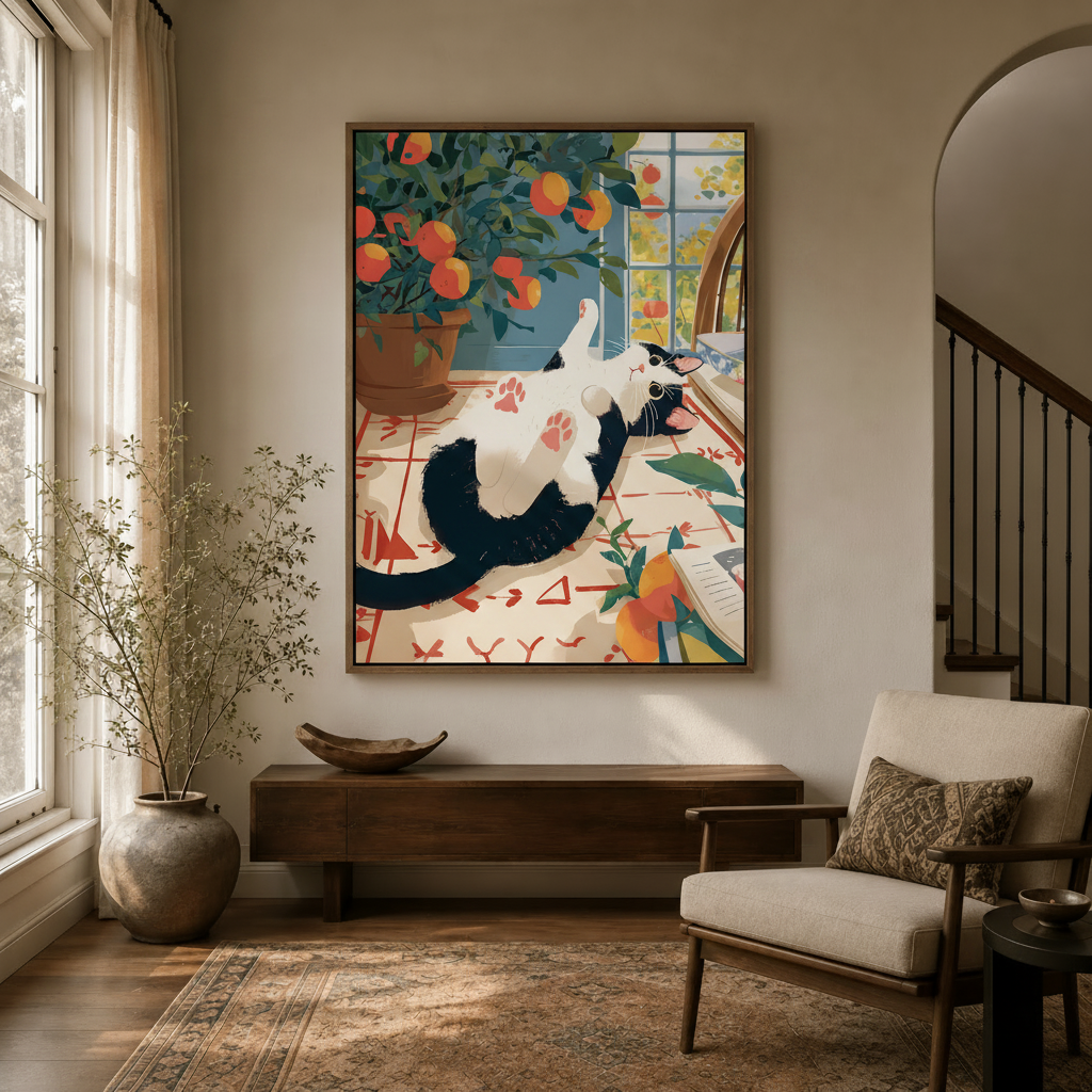 Entryway scene — whimsical cat canvas in walnut float frame displayed in an elegant hallway with wooden console and armchair