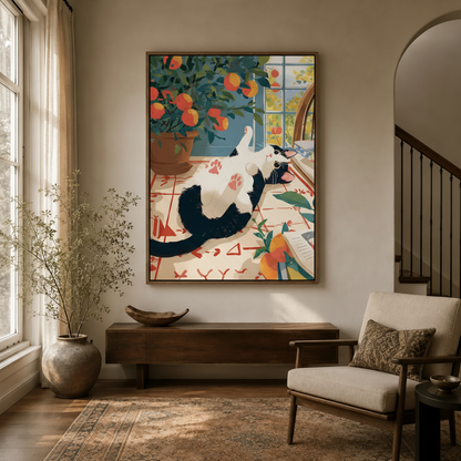 Entryway scene — whimsical cat canvas in walnut float frame displayed in an elegant hallway with wooden console and armchair