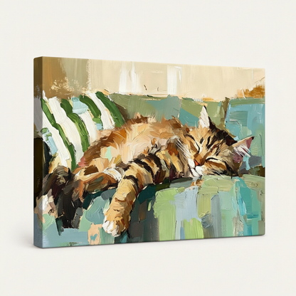 Gallery-wrapped canvas of sleeping tabby cat impasto painting side angle on white background