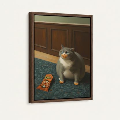 Framed hyperrealistic cat canvas print in dark walnut float frame, front-facing product display
