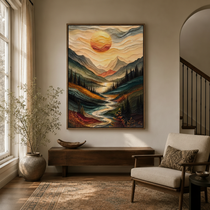 Mountain river sunset relief canvas hung above console in bright entryway with Persian rug and arched doorway