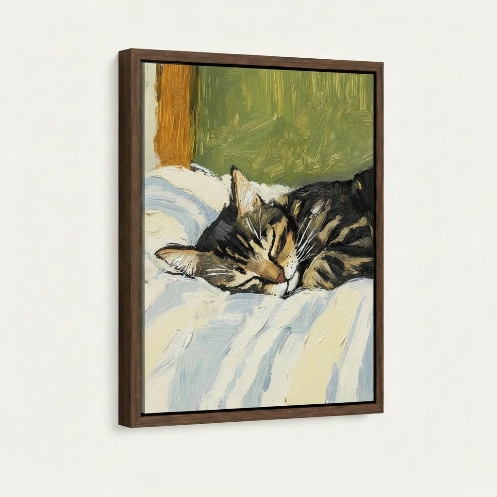 Sleeping cat impressionist canvas print in dark walnut floating frame front view on clean white background