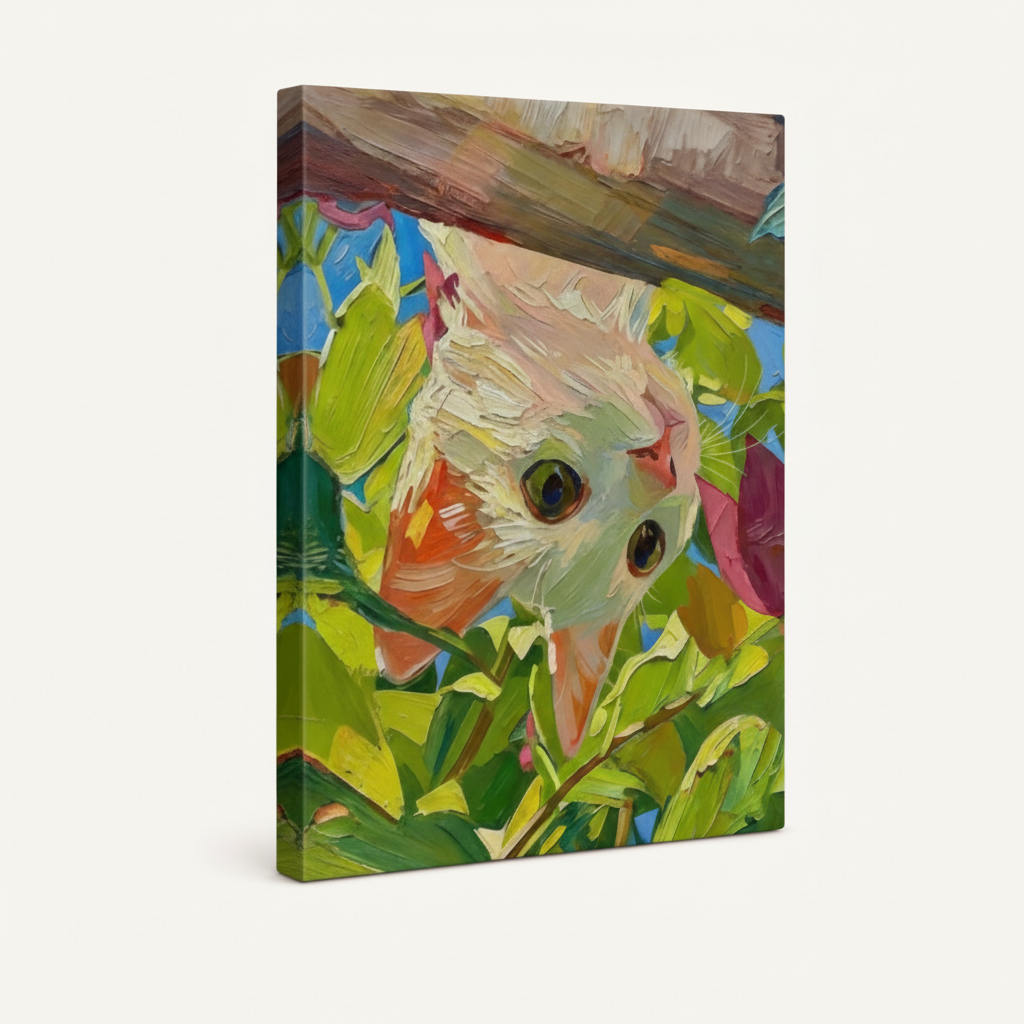 Gallery-wrapped floral cat canvas showing thick impasto texture and visible side wrap edges on white background