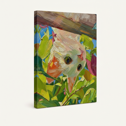 Gallery-wrapped floral cat canvas showing thick impasto texture and visible side wrap edges on white background