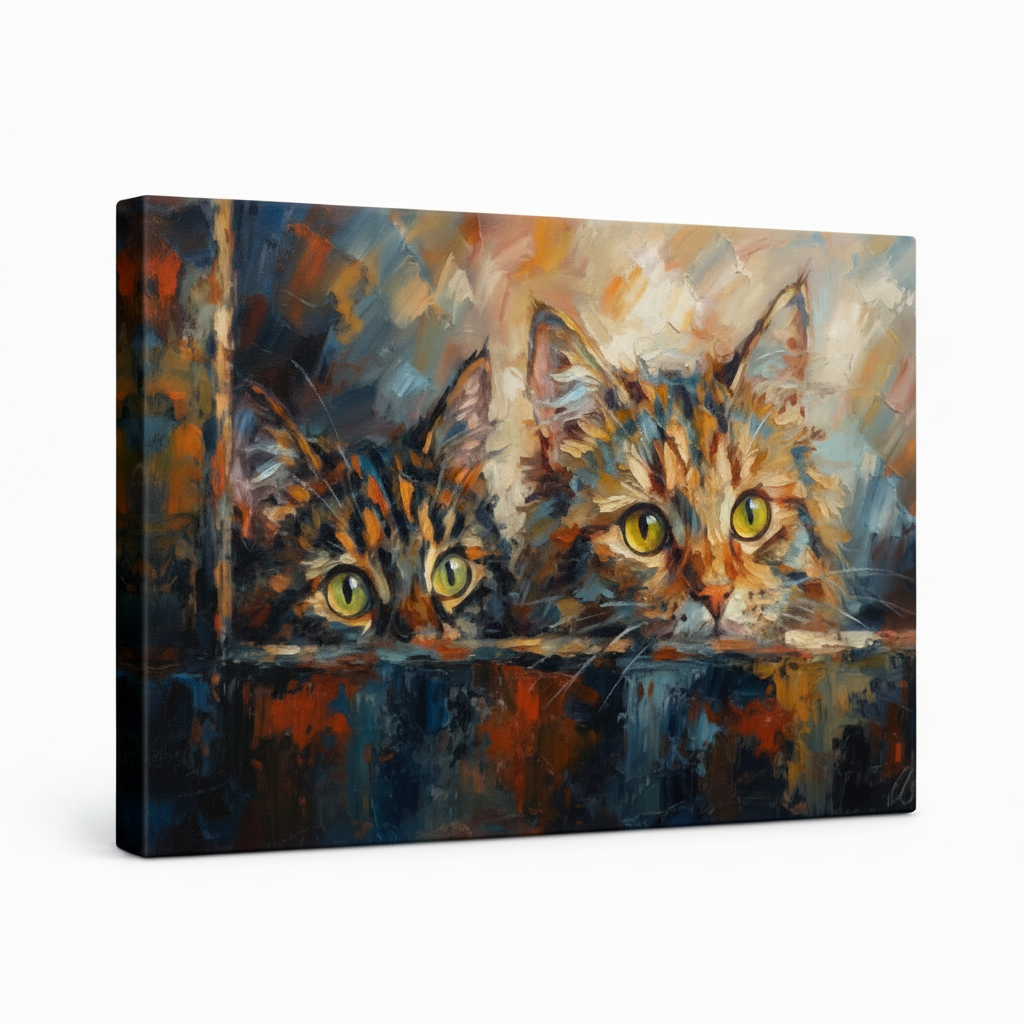 Gallery-wrapped cat impasto canvas print angled on white background showing thick stretcher bar depth and edge wrap