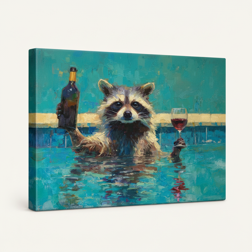Gallery-wrapped raccoon pool party impasto canvas print shown at angle with vivid teal wrap edges