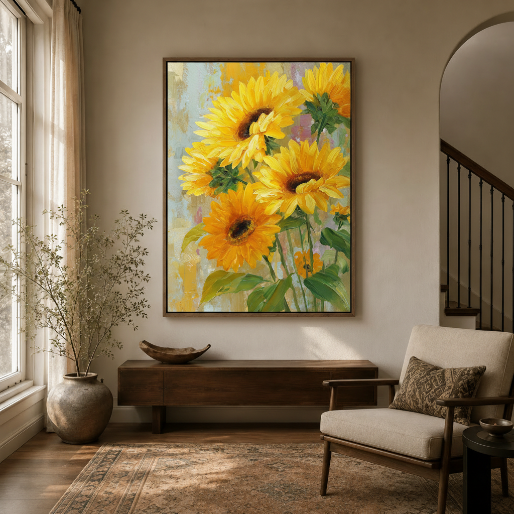 Bright sunflower impressionist canvas hung above console in entryway with Persian rug and arched doorway