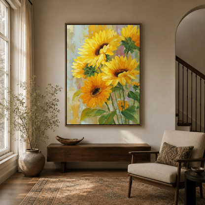 Bright sunflower impressionist canvas hung above console in entryway with Persian rug and arched doorway