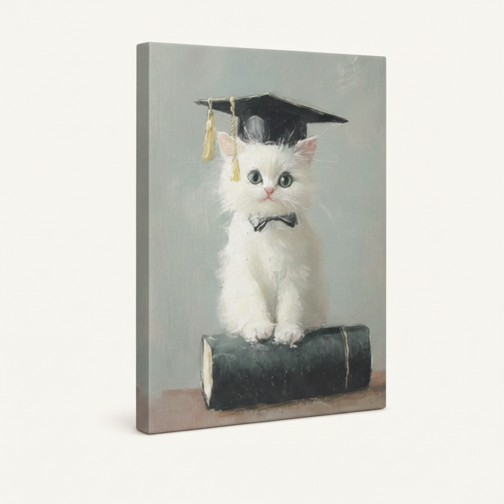 Gallery-wrapped graduation kitten canvas art showing side depth and soft blue-gray background