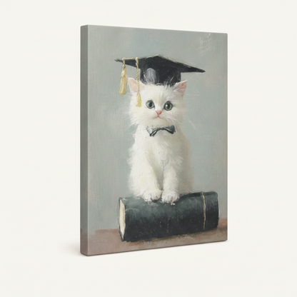 Gallery-wrapped graduation kitten canvas art showing side depth and soft blue-gray background