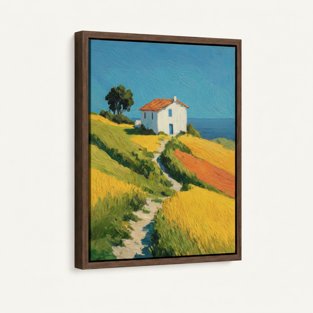 Dark walnut framed canvas wall art featuring Mediterranean hillside farmhouse, studio product shot