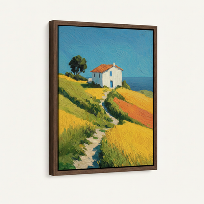 Dark walnut framed canvas wall art featuring Mediterranean hillside farmhouse, studio product shot