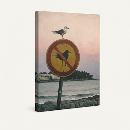 Gallery-wrapped seagull canvas showing painted side depth, frameless coastal wall art product view